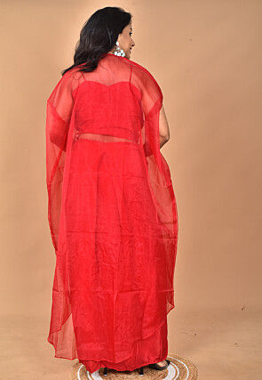 Hand Embroidered Crepe Crop Top Set in Red