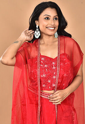 Hand Embroidered Crepe Crop Top Set in Red