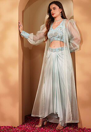 Hand Embroidered Crepe Crop Top Set in Sky Blue