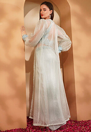 Hand Embroidered Crepe Crop Top Set in Sky Blue