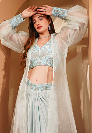 Hand Embroidered Crepe Crop Top Set in Sky Blue