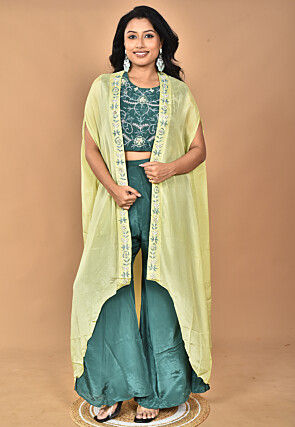 Hand Embroidered Crepe Crop Top Set in Teal Blue