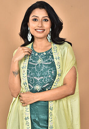 Hand Embroidered Crepe Crop Top Set in Teal Blue