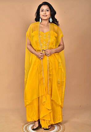 Hand Embroidered Crepe Crop Top Set in Yellow