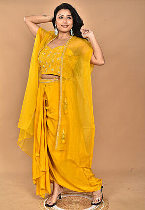 Hand Embroidered Crepe Crop Top Set in Yellow