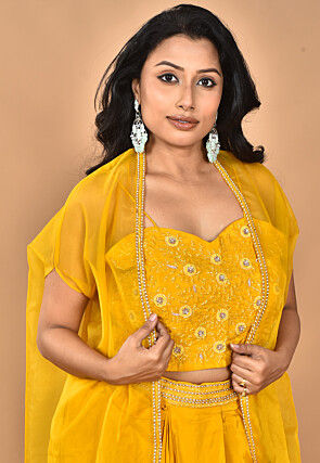 Hand Embroidered Crepe Crop Top Set in Yellow