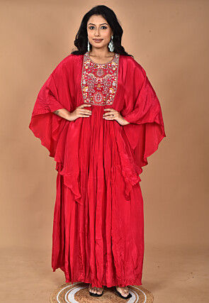 Hand Embroidered Crepe Gown in Fuchsia