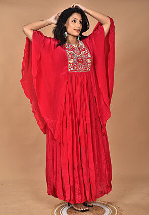 Hand Embroidered Crepe Gown in Fuchsia