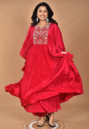 Hand Embroidered Crepe Gown in Fuchsia