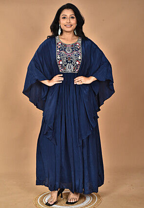 Hand Embroidered Crepe Gown in Navy Blue