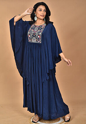 Hand Embroidered Crepe Gown in Navy Blue