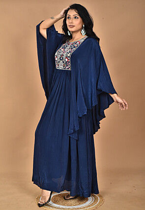 Hand Embroidered Crepe Gown in Navy Blue