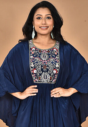 Hand Embroidered Crepe Gown in Navy Blue