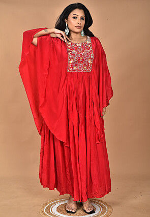 Hand Embroidered Crepe Gown in Red