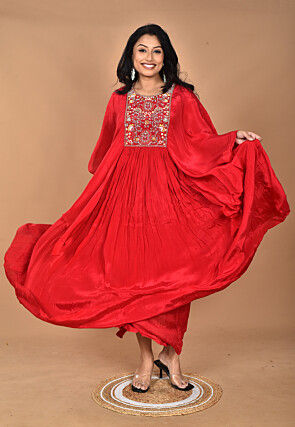 Hand Embroidered Crepe Gown in Red