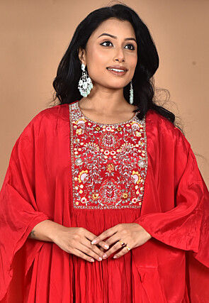 Hand Embroidered Crepe Gown in Red