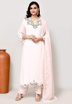 Hand Embroidered Crepe Pakistani Suit in Baby Pink