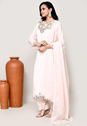 Hand Embroidered Crepe Pakistani Suit in Baby Pink