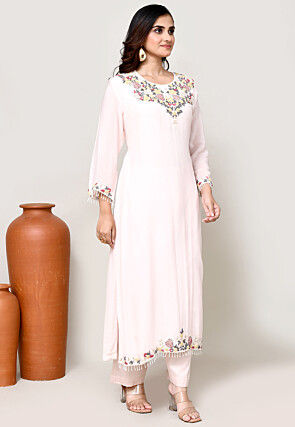 Hand Embroidered Crepe Pakistani Suit in Baby Pink