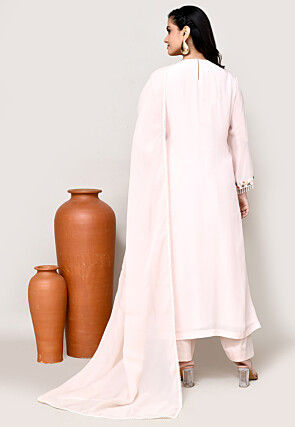 Hand Embroidered Crepe Pakistani Suit in Baby Pink