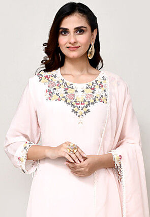 Hand Embroidered Crepe Pakistani Suit in Baby Pink