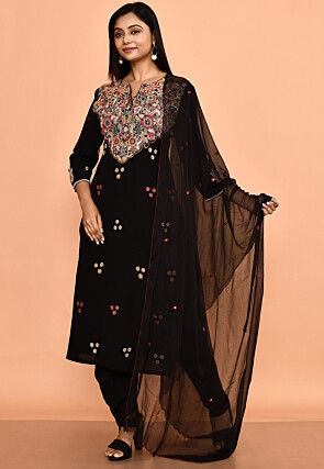 Hand Embroidered Crepe Pakistani Suit in Black