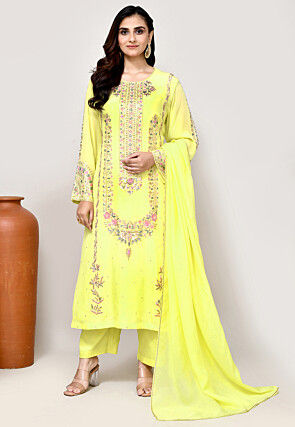 Hand Embroidered Crepe Pakistani Suit in Yellow
