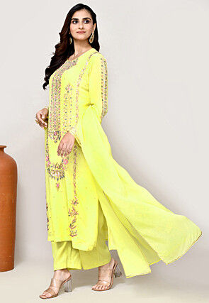 Hand Embroidered Crepe Pakistani Suit in Yellow
