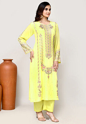 Hand Embroidered Crepe Pakistani Suit in Yellow