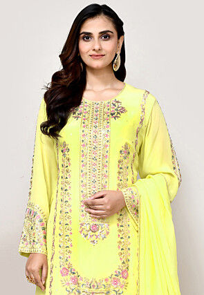 Hand Embroidered Crepe Pakistani Suit in Yellow