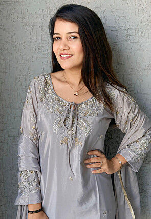 Hand Embroidered Crepe Punjabi Suit in Grey