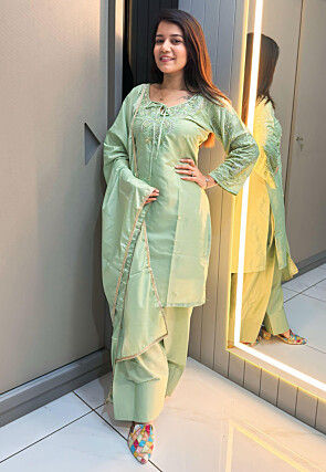 Hand Embroidered Crepe Punjabi Suit in Pastel Green