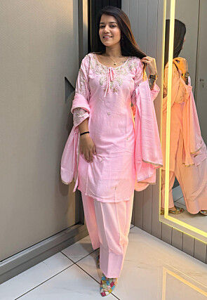 Hand Embroidered Crepe Punjabi Suit in Pink