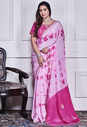 Hand Embroidered Crepe Saree in Light Pink