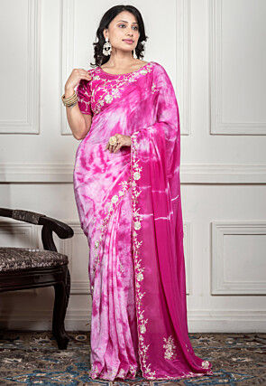 Hand Embroidered Crepe Saree in Pink