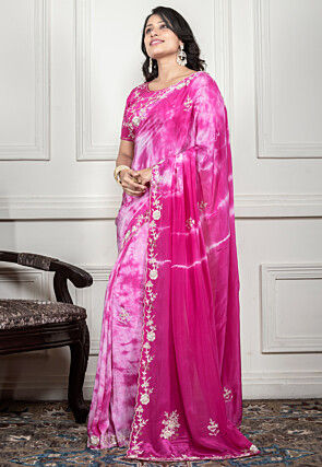 Hand Embroidered Crepe Saree in Pink