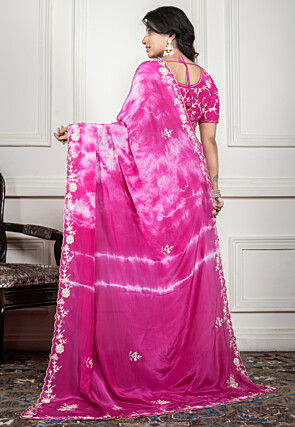 Hand Embroidered Crepe Saree in Pink