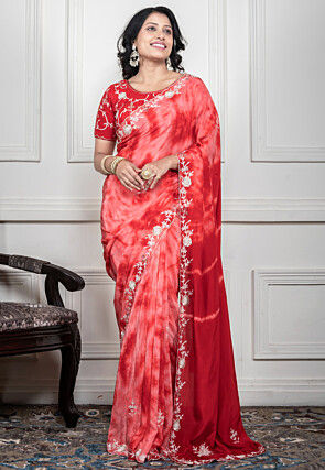 Hand Embroidered Crepe Saree in Red