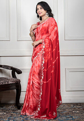 Hand Embroidered Crepe Saree in Red