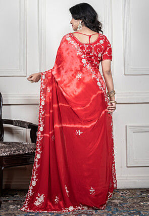Hand Embroidered Crepe Saree in Red