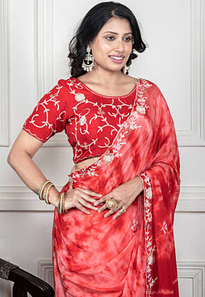 Hand Embroidered Crepe Saree in Red