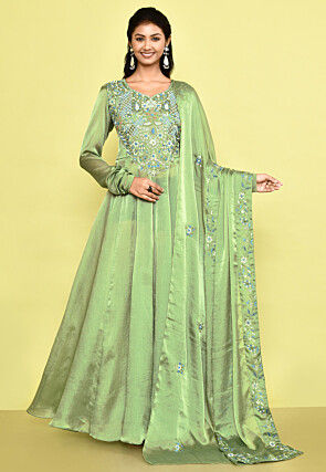 Hand Embroidered Crepe Shimmer Abaya Style Suit in Light Green