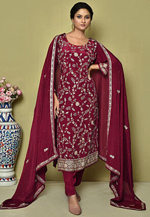Hand Embroidered Crepe Silk Pakistani Suit in Maroon