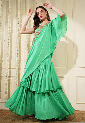 Hand Embroidered Pure Crepe Silk Ruffled Lehenga in Green