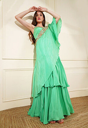 Hand Embroidered Pure Crepe Silk Ruffled Lehenga in Green