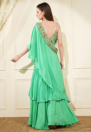 Hand Embroidered Pure Crepe Silk Ruffled Lehenga in Green