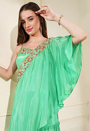Hand Embroidered Pure Crepe Silk Ruffled Lehenga in Green