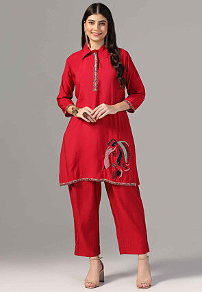 Hand Embroidered Crepe Tunic Set in Red