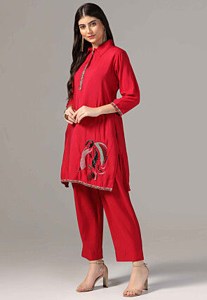 Hand Embroidered Crepe Tunic Set in Red