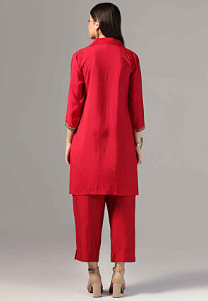 Hand Embroidered Crepe Tunic Set in Red